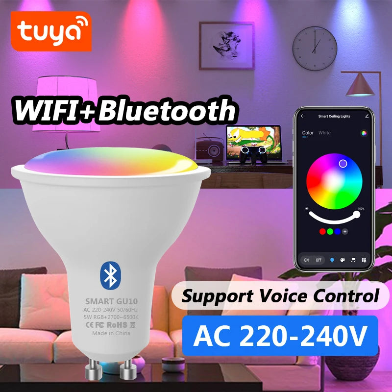 Tuya GU10 Lamp APP Control Smart Bulb WIFI Bluetooth RGB 220V LED Light Bulbs 5W Dimmable Smart Life For Room Home Group