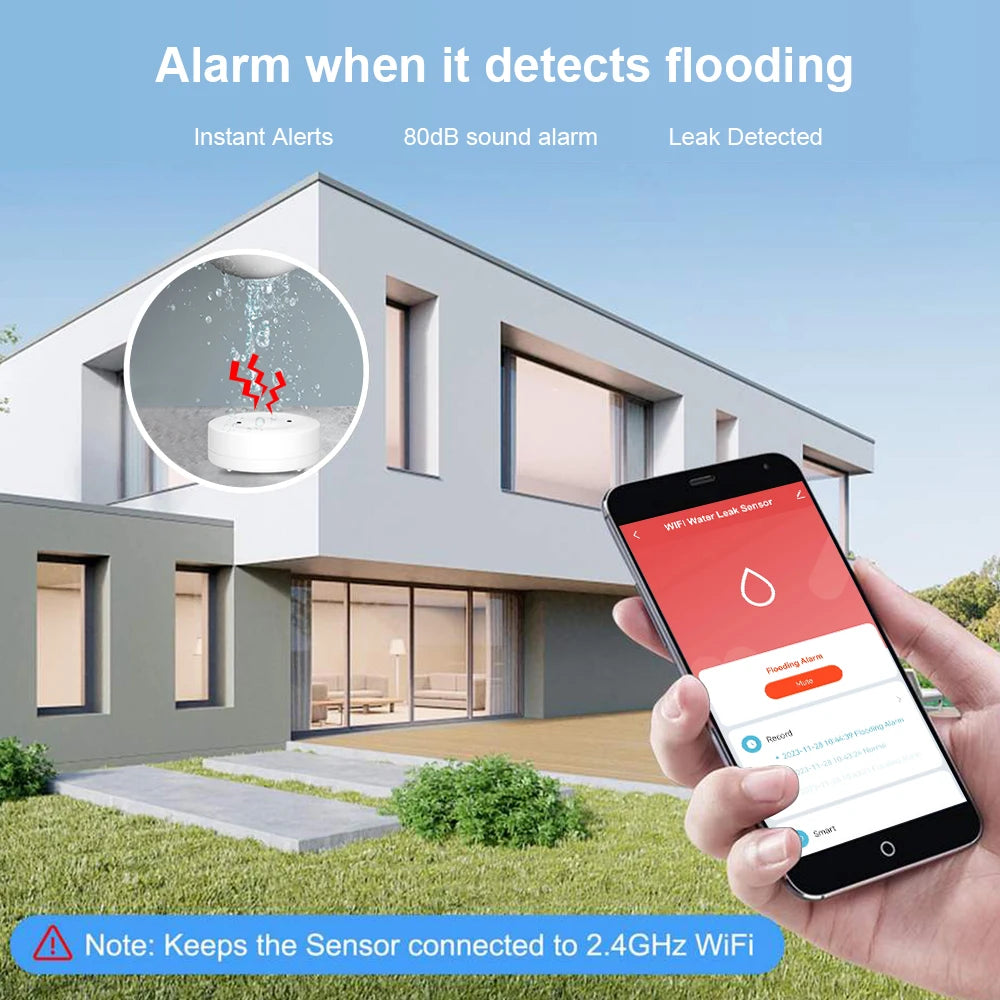 Tuya WiFi/Zigbee Water Leak Sensor Flood Leakage Detector with Sound Alarm 80dB and IP55 WaterProof Water Sensor Remote Monitor