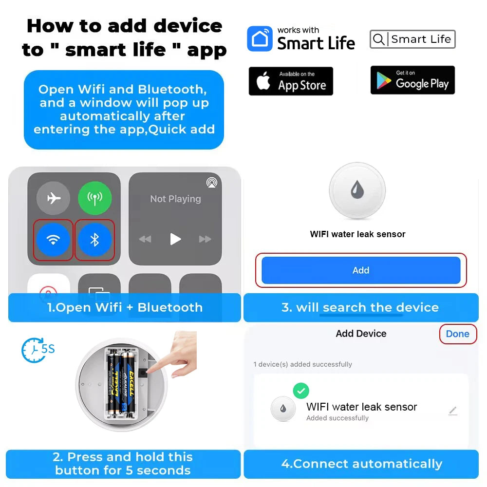 Tuya WiFi/Zigbee Water Leak Sensor Flood Leakage Detector with Sound Alarm 80dB and IP55 WaterProof Water Sensor Remote Monitor