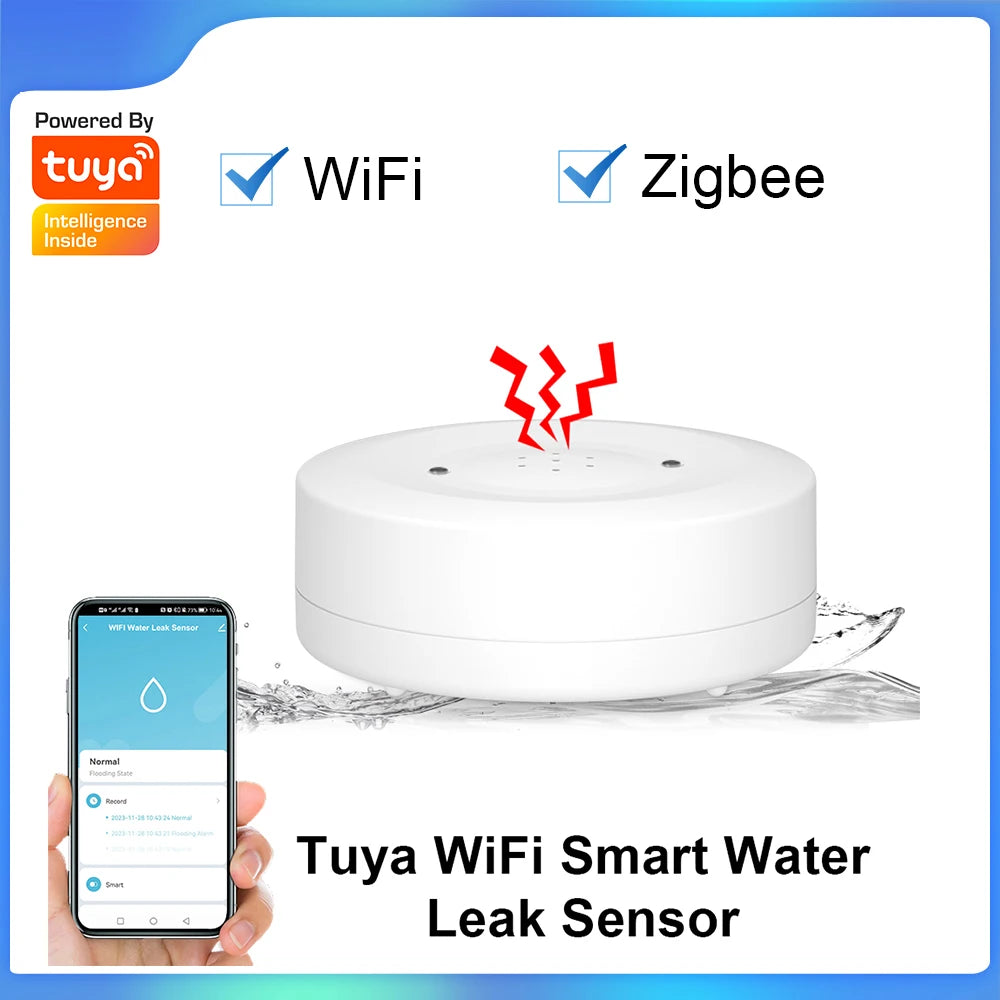 Tuya WiFi/Zigbee Water Leak Sensor Flood Leakage Detector with Sound Alarm 80dB and IP55 WaterProof Water Sensor Remote Monitor