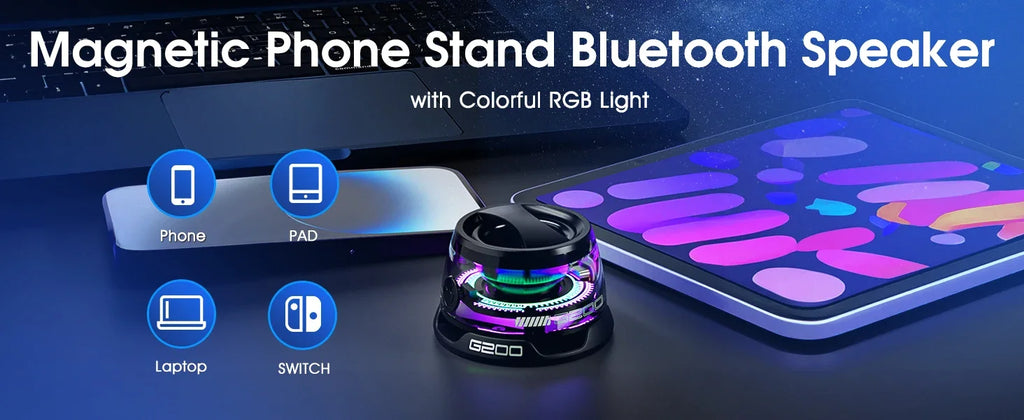Outdoor Magnetic Bluetooth Speaker Wireless Portable Mini Travel Stereo Speaker With Rgb Color Light And Phone Holder For IOS
