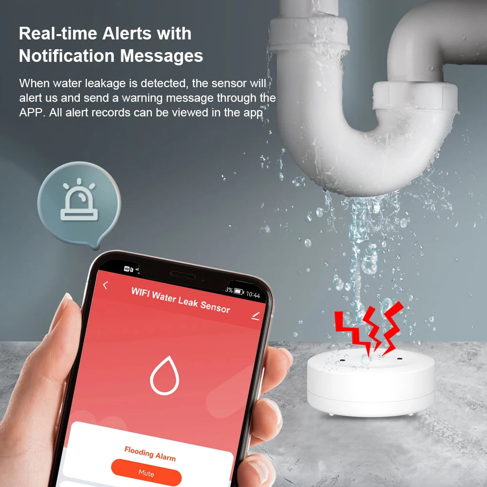 Tuya WiFi/Zigbee Water Leak Sensor Flood Leakage Detector with Sound Alarm 80dB and IP55 WaterProof Water Sensor Remote Monitor